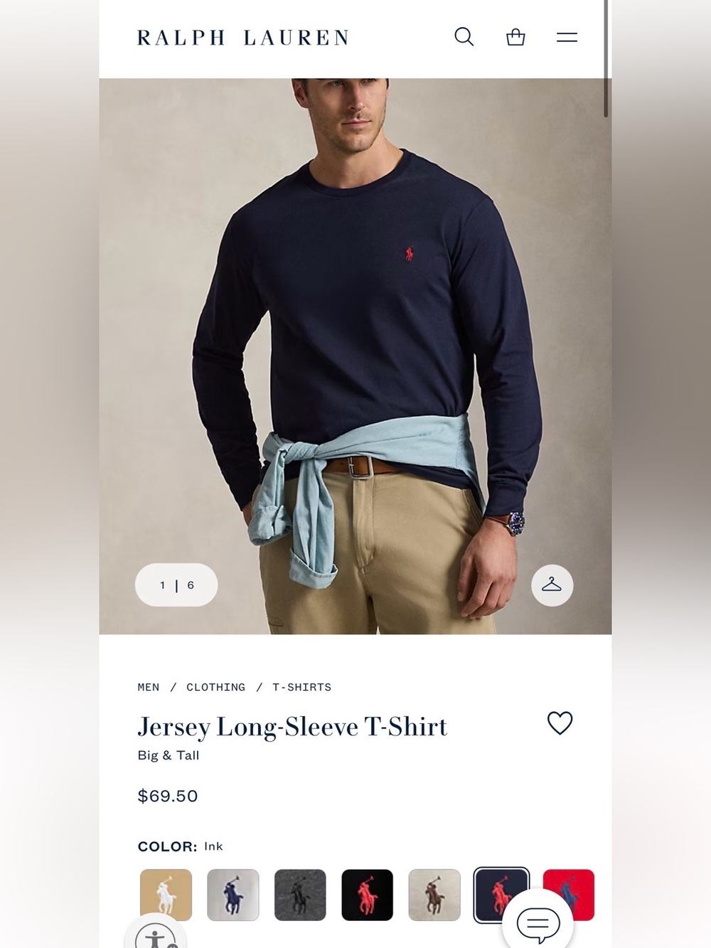 NWot Ralph Lauren Navy Long-Sleeve Crewneck Tee with Red Pony size XXL